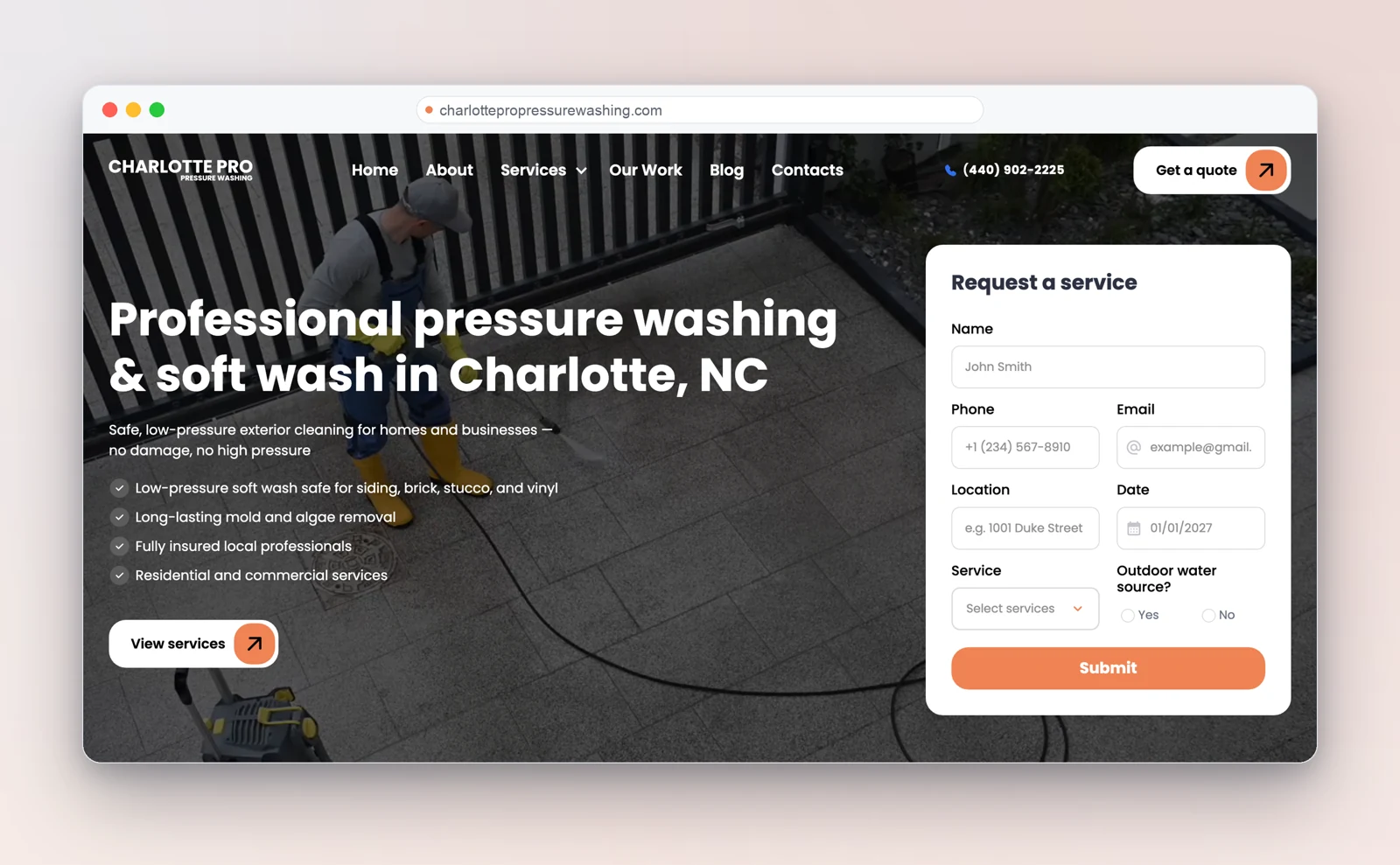 Charlotte PRO Pressure Washing homepage — hero with a request-a-service form