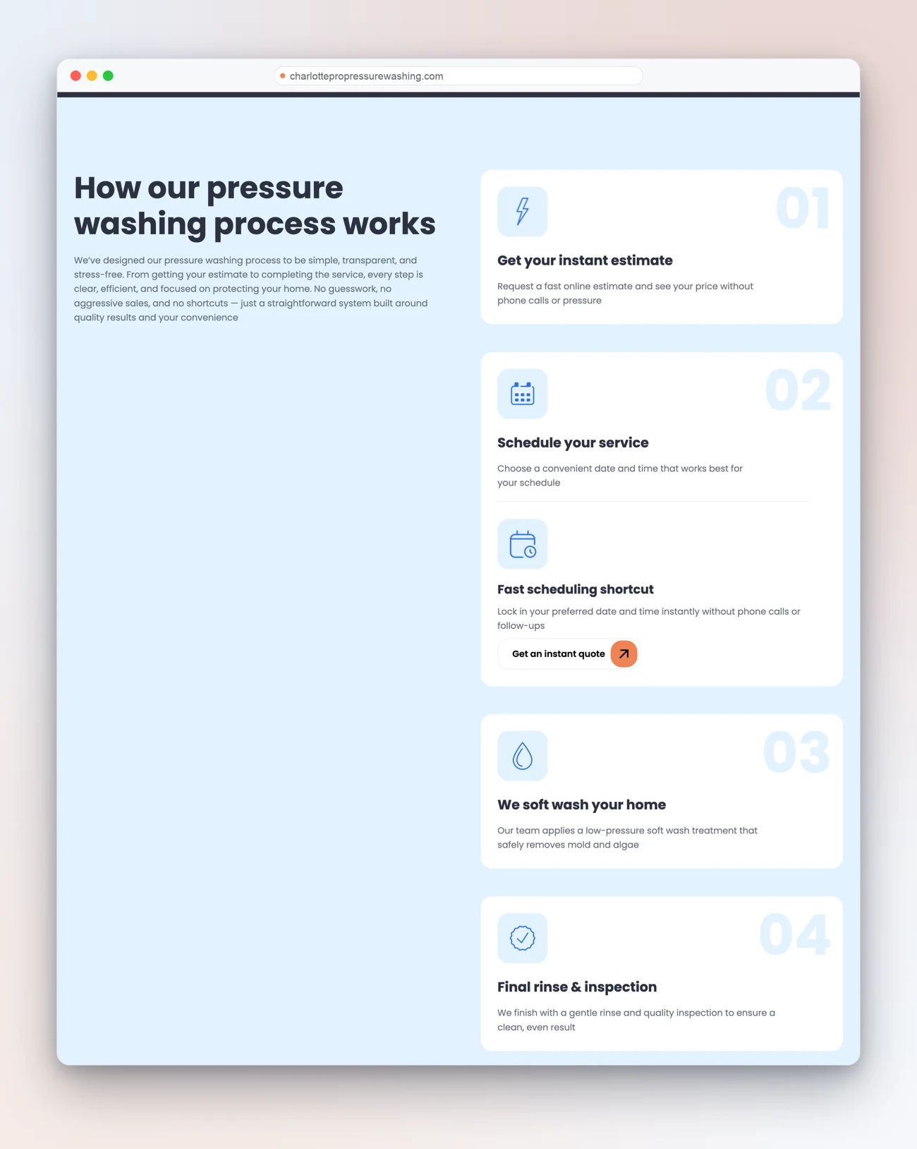 Instant-estimate and scheduling process — four transparent steps