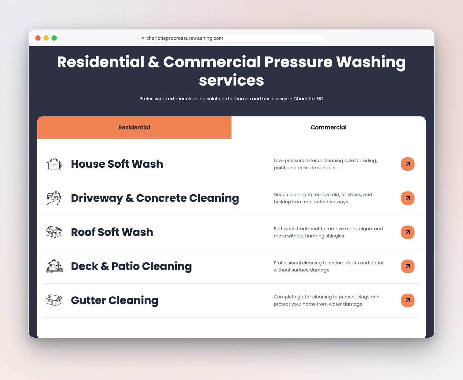Residential and commercial pressure-washing services in clean tabs