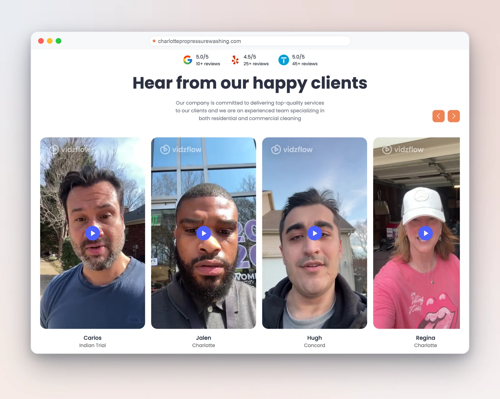 Review aggregation across Google, Yelp and Thumbtack plus video testimonials