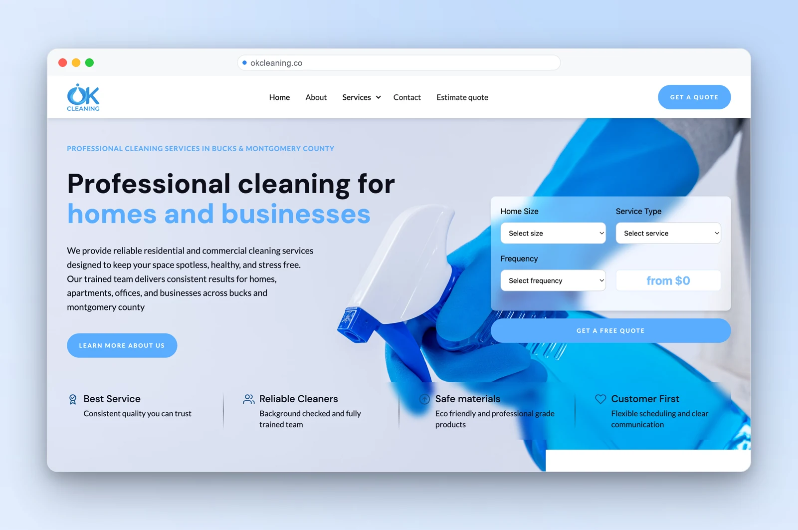 OK Cleaning homepage — hero with an instant-estimate widget