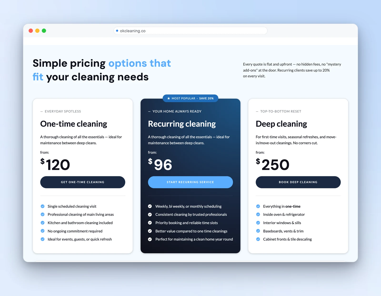 Transparent three-tier pricing — one-time, recurring and deep cleaning