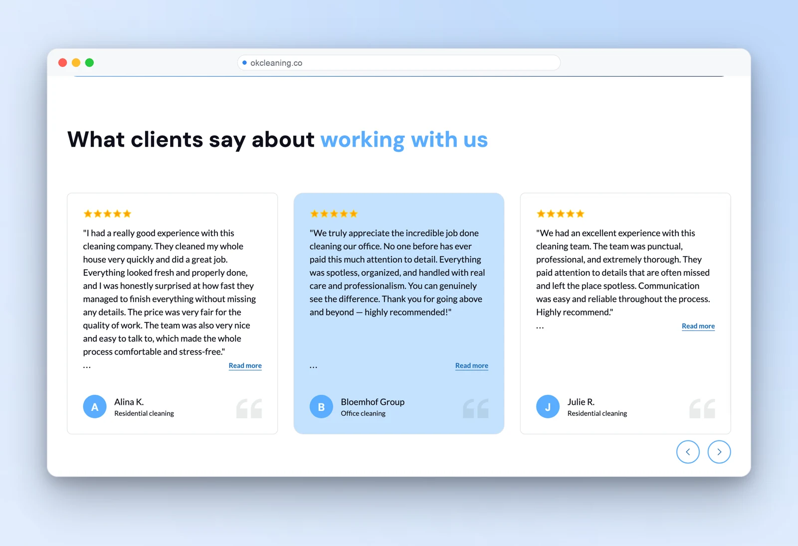 Client testimonials — five-star reviews from local customers