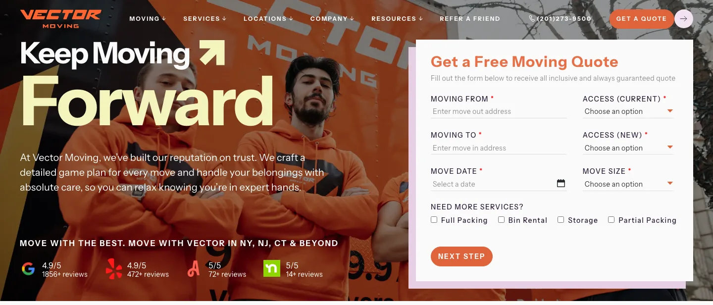 Vector Moving homepage — Keep Moving Forward hero with an instant quote widget