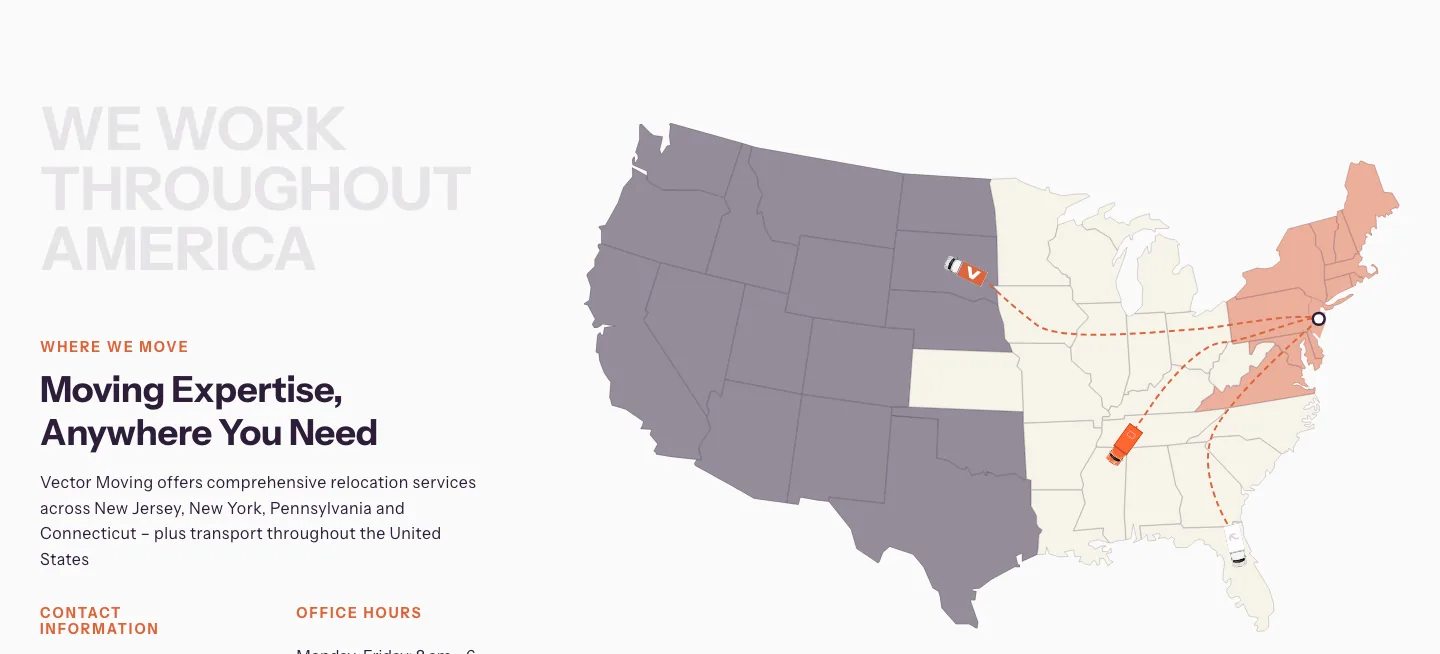 Coverage map — same-day service across NY, NJ, CT, PA and nationwide long-distance