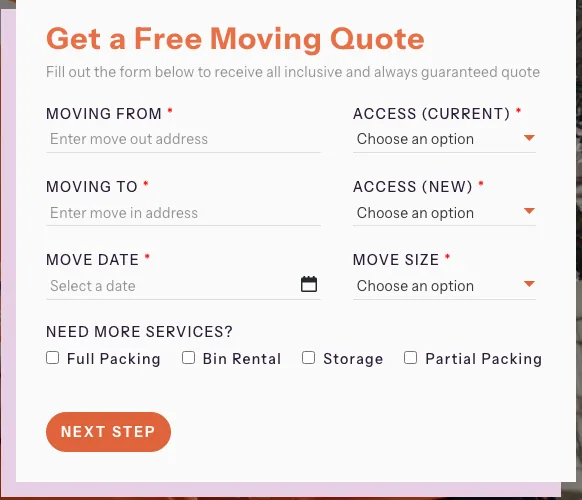 Instant moving-quote widget — address, move size, access and extras in one form